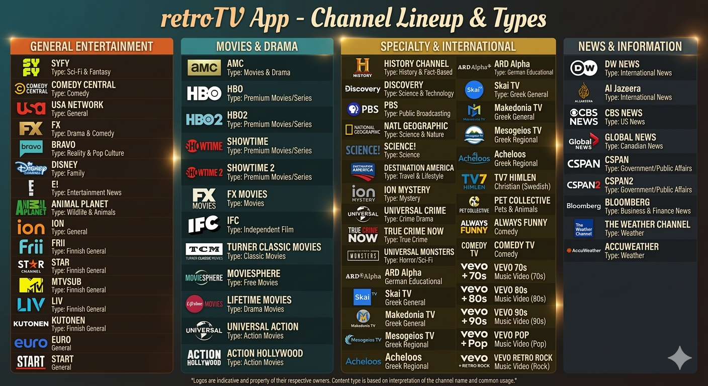 RetroTV Channel Lineup — March 2026